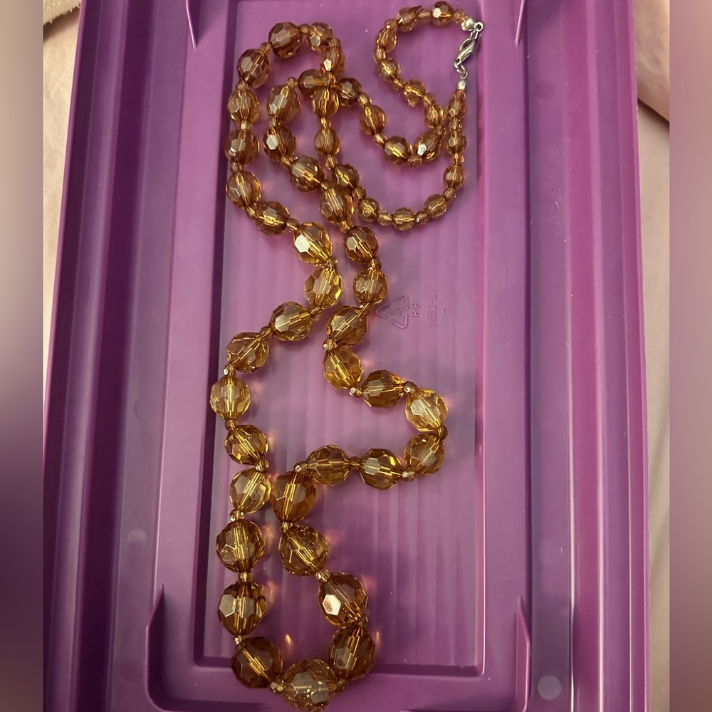 Vintage Amber Gold Faceted Heavy Crystal Glass Bead Necklace